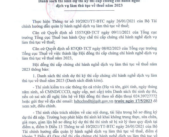  [Mới nhất] Danh sách thí sinh dự thi Đại lý Thuế 2023