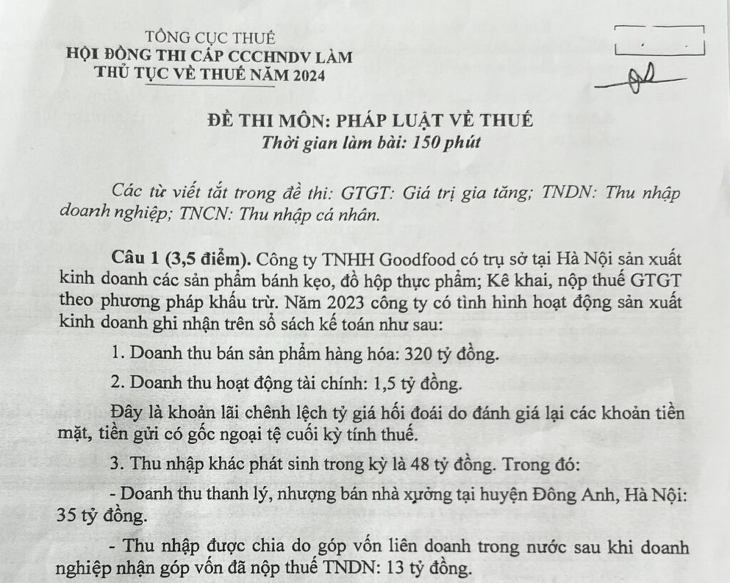 Đề thi Đại lý Thuế năm 2024 môn Pháp Luật về Thuế