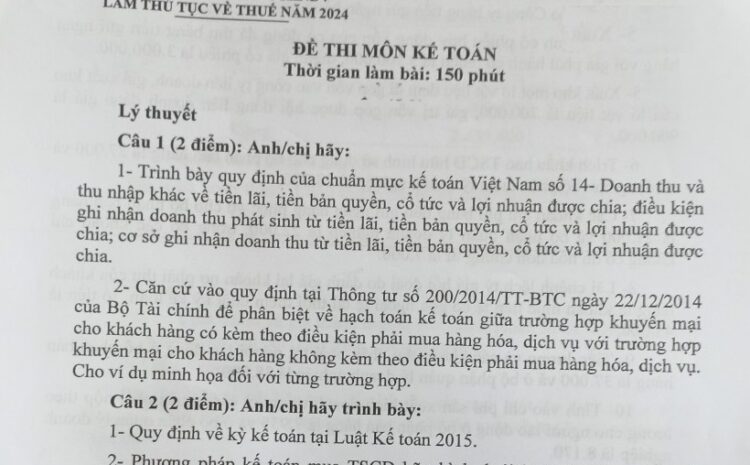  Đề thi Đại lý Thuế 2024 môn Kế toán