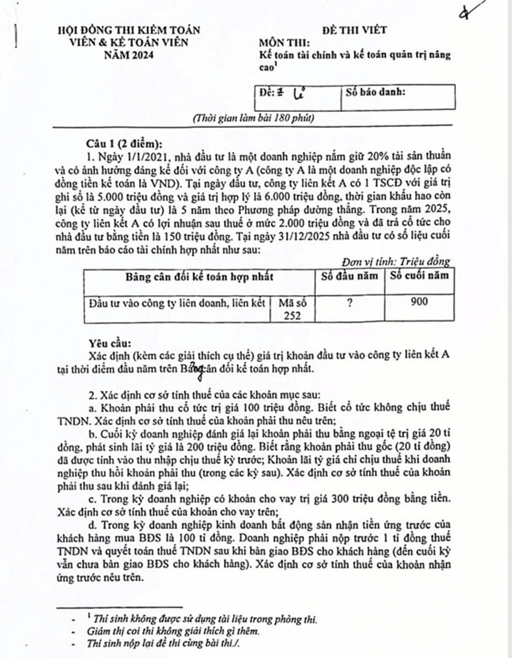 Đề thi CPA 2024 môn Kế toán