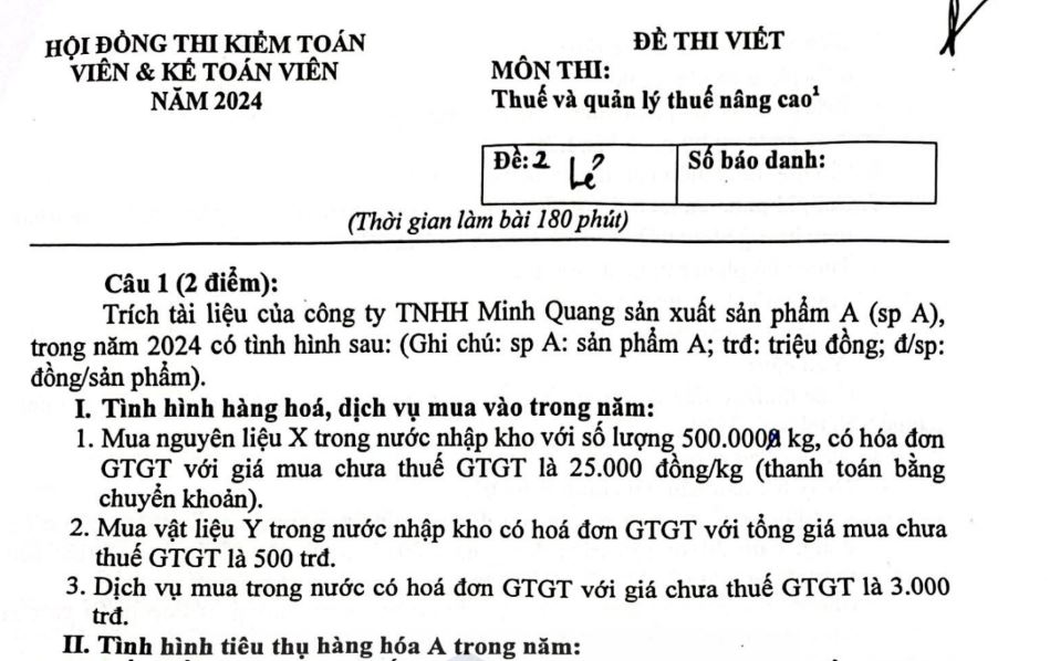 Đề thi CPA 2024 môn Thuế